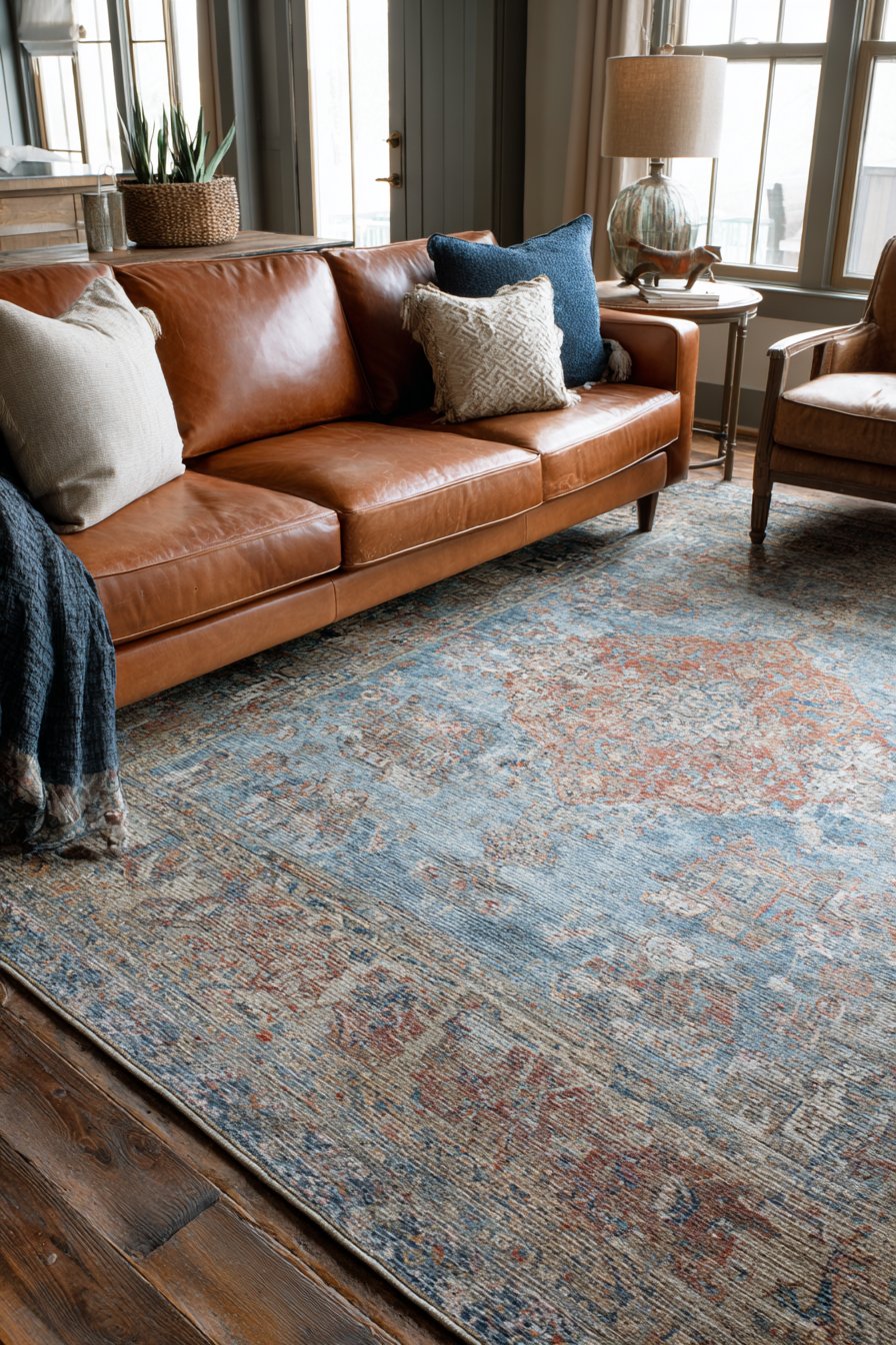 Weathered oriental pattern in faded blues and rusts