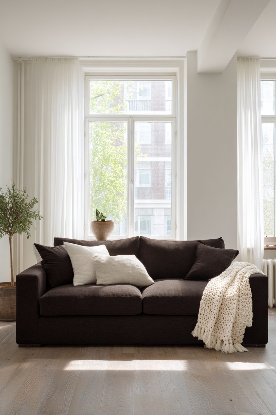 Modern dark espresso sofa in minimal Nordic room