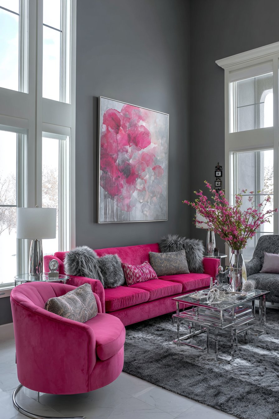 Bright pink velvet chairs with charcoal grey walls