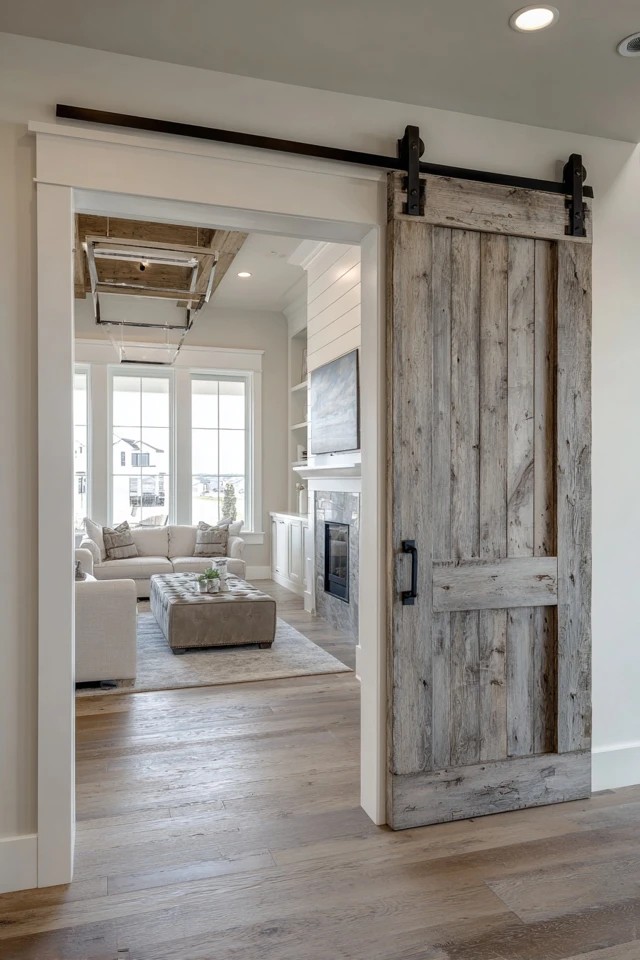 Crisp white brick fireplace with reclaimed beam mantel