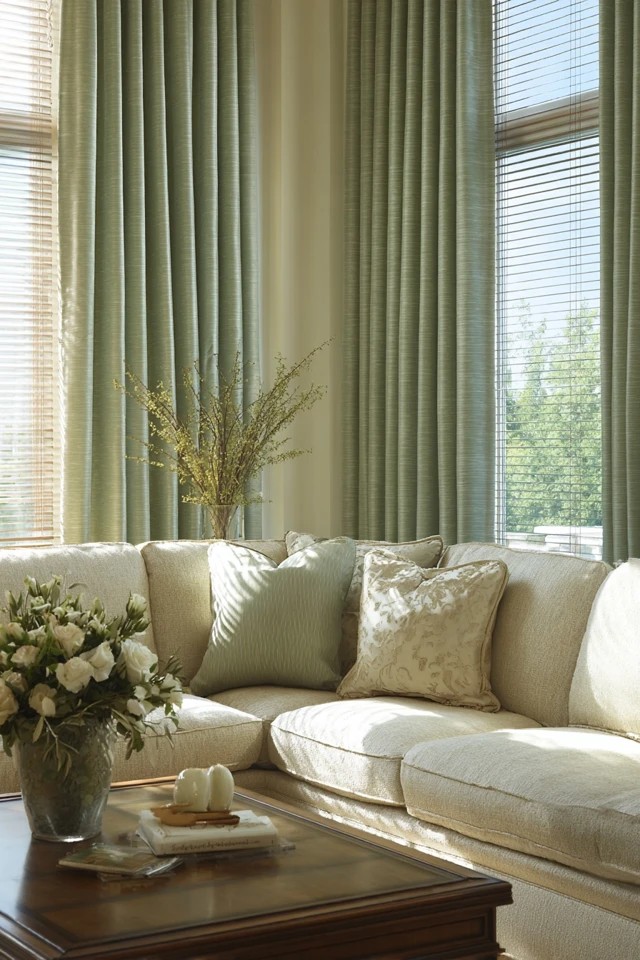 Textured sage green linen drapes framing windows