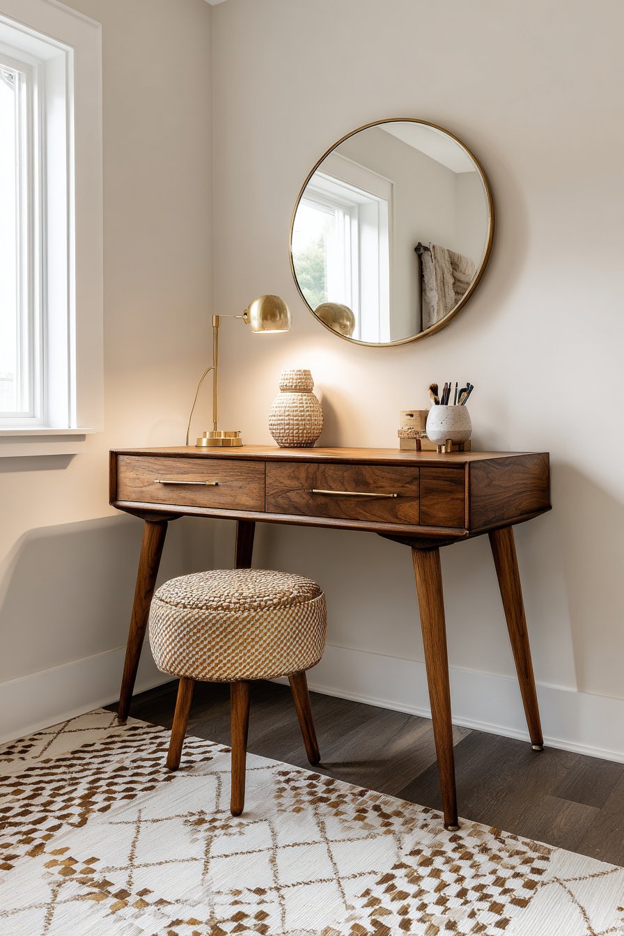 1960s walnut vanity desk with tapered legs and round mirror