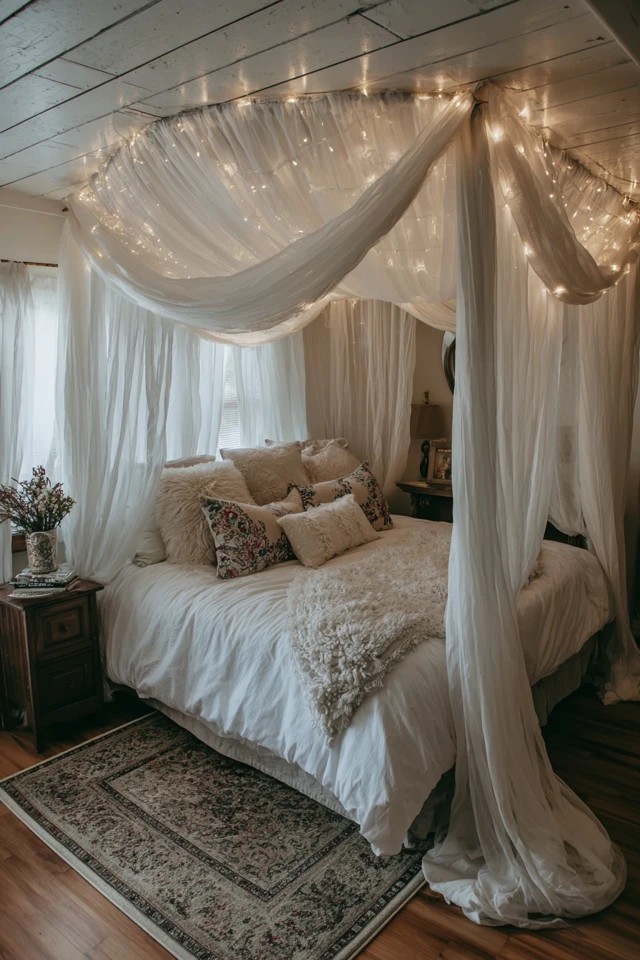 White fabric draped from ceiling around bed with string lights