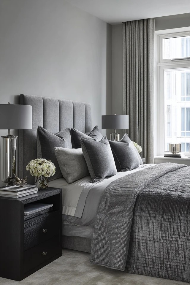 Pale to dark grey gradient in walls, bedding, and furniture