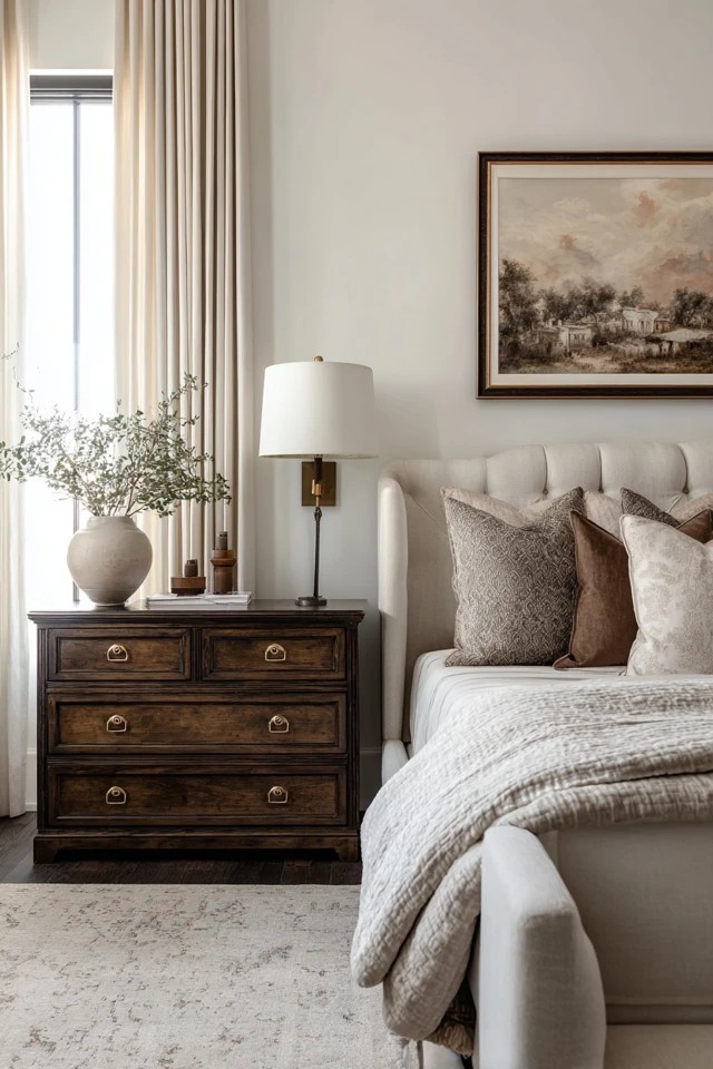 Soft blues and greys with white bedding and minimal clutter