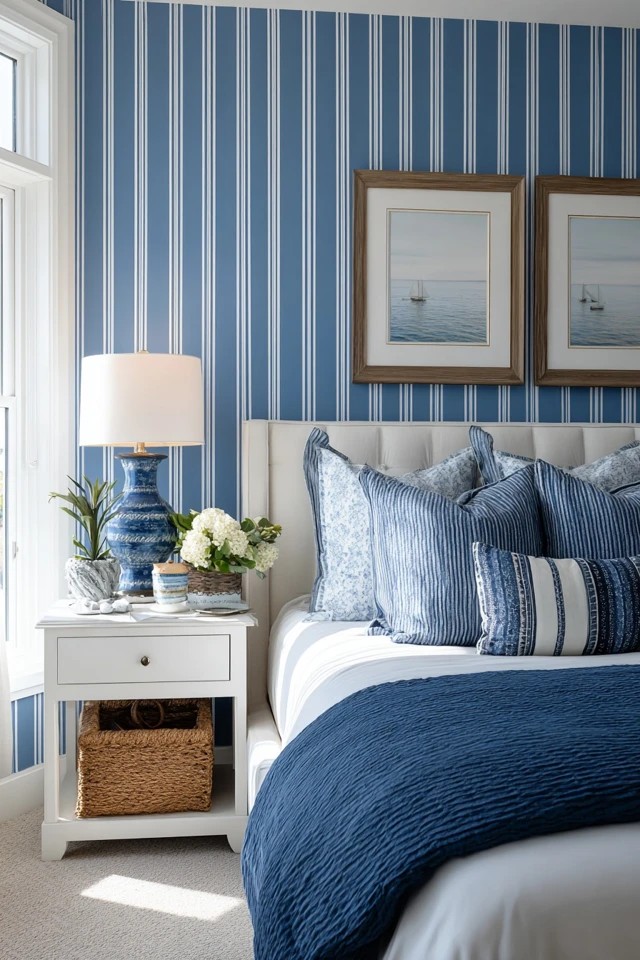 Bold blue-white striped wallpaper with nautical accents