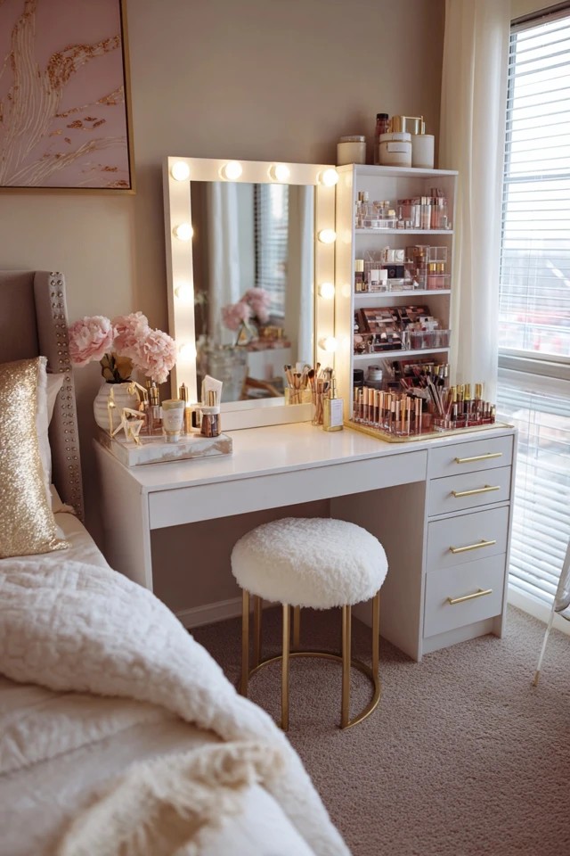 Lighted mirror with organized makeup storage