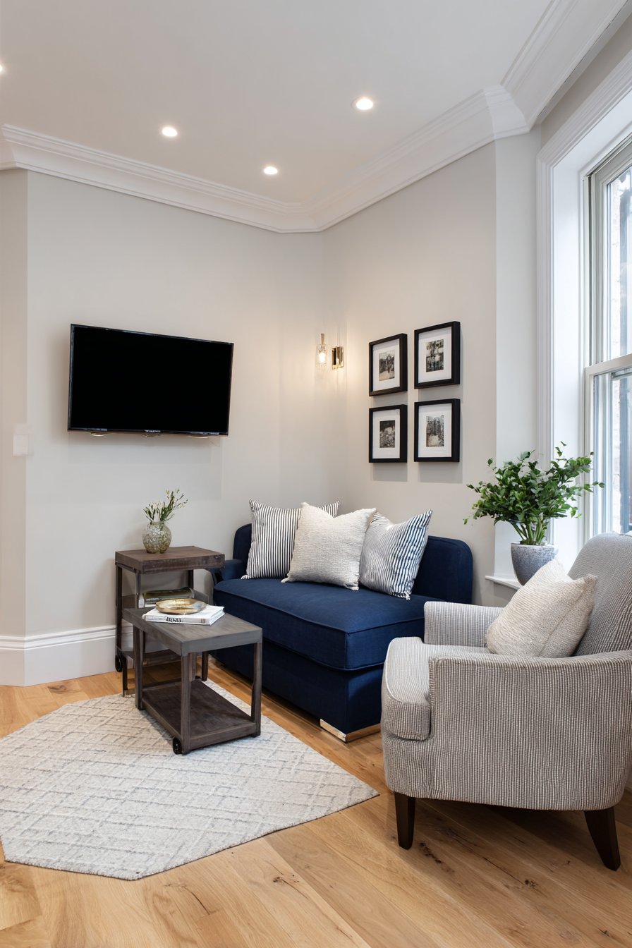 Navy loveseat angled in corner with wall-mounted TV