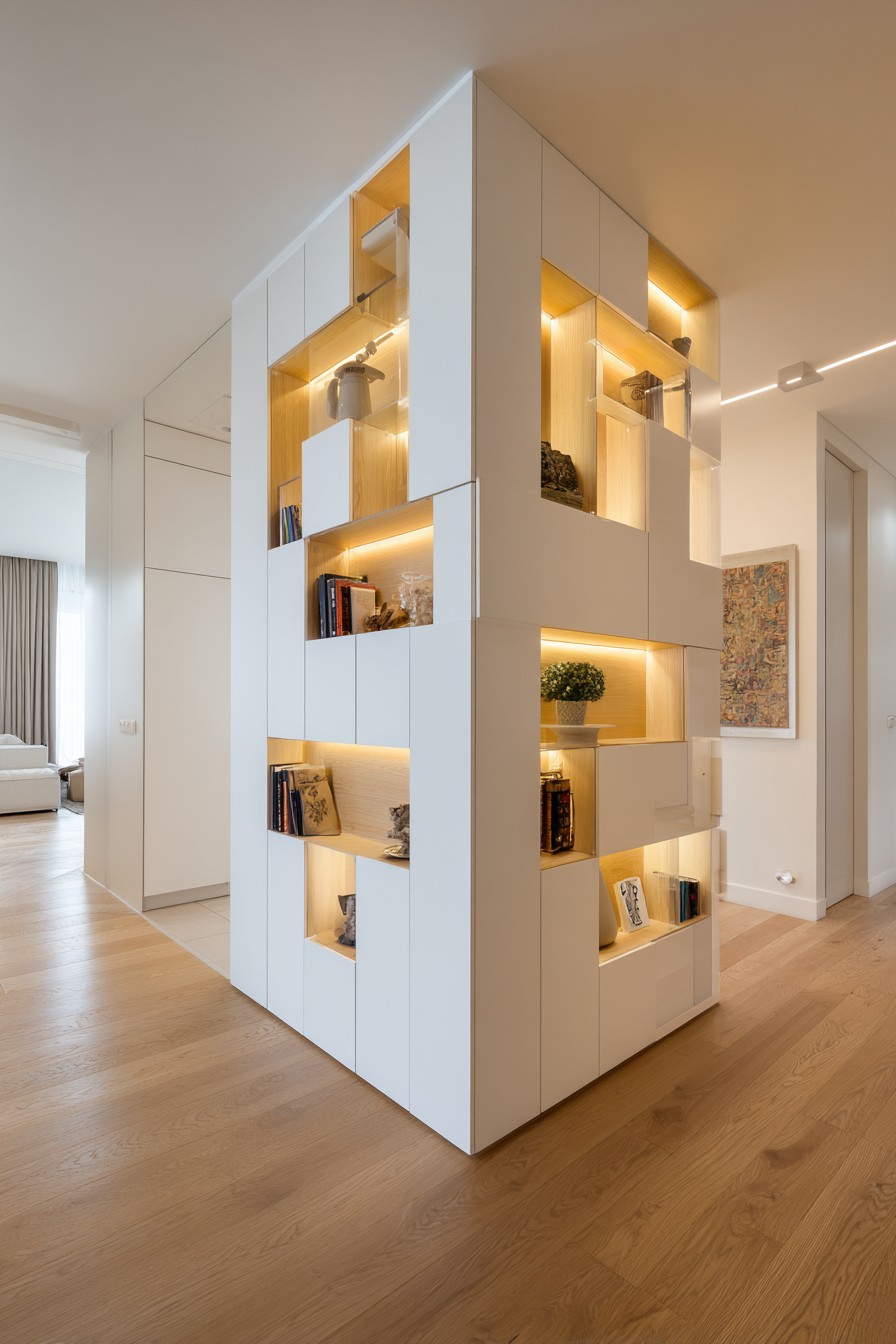 White lacquer storage unit with open cubbies