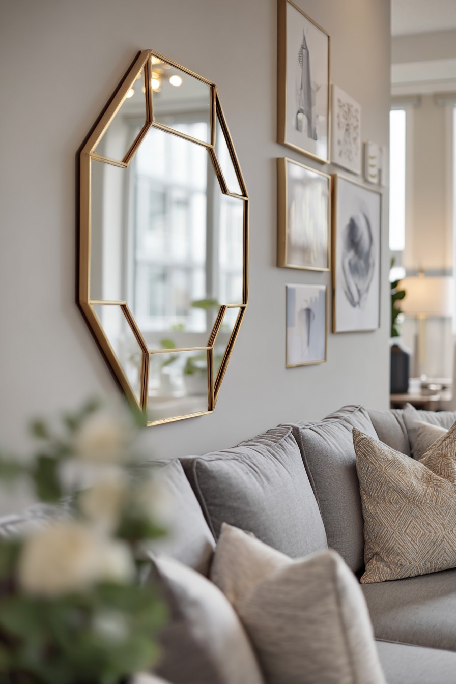 Hexagonal gold mirror with abstract art prints