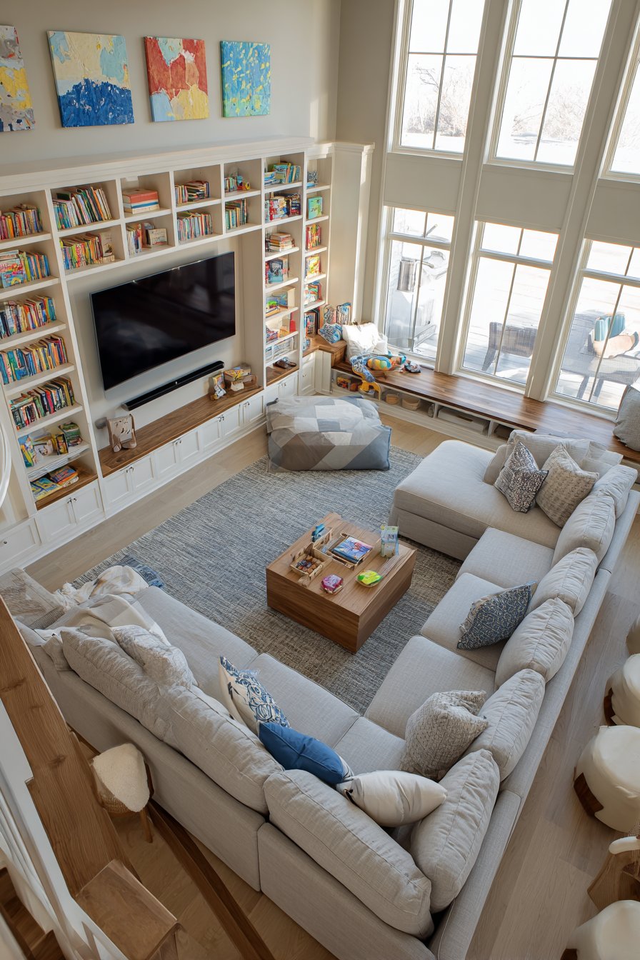 500-square-foot great room with play area and seating
