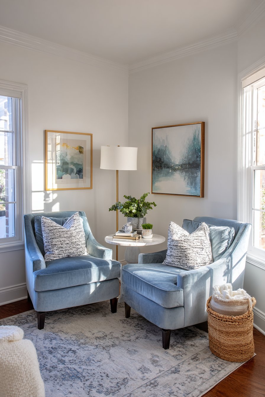 Two accent chairs angled in corner