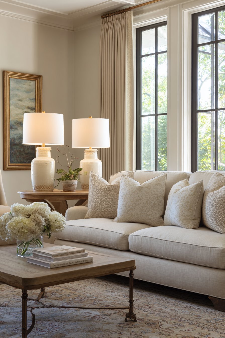 Matching cream ceramic lamps flanking sofa