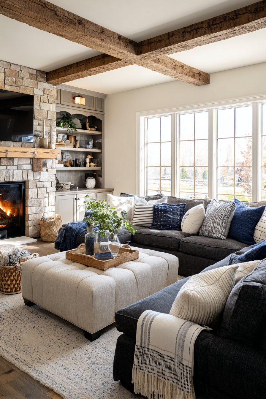 Charcoal sectional in open great room with stone fireplace