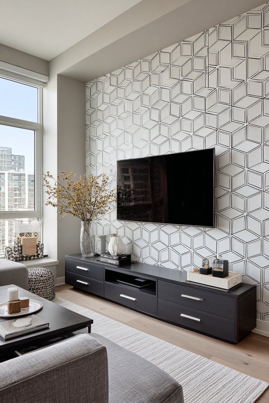 Modern hexagonal wallpaper behind wall-mounted TV