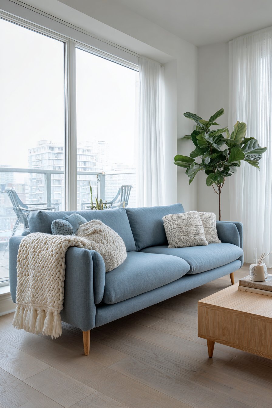 Soft grey-blue sofa with oak legs in Scandinavian minimal living room