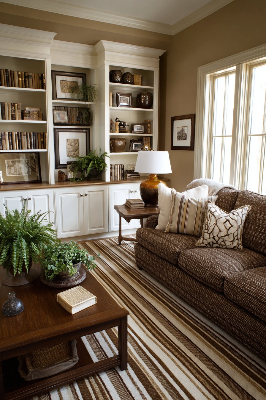 Brown tweed sofa with cream walls and white trim