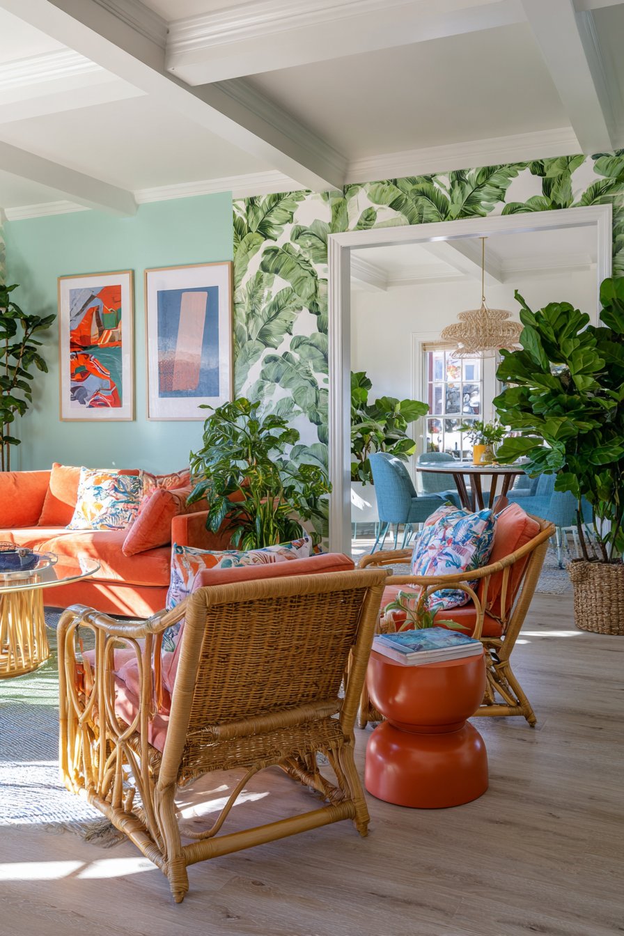 Banana leaf wallpaper with coral sofa and turquoise chairs