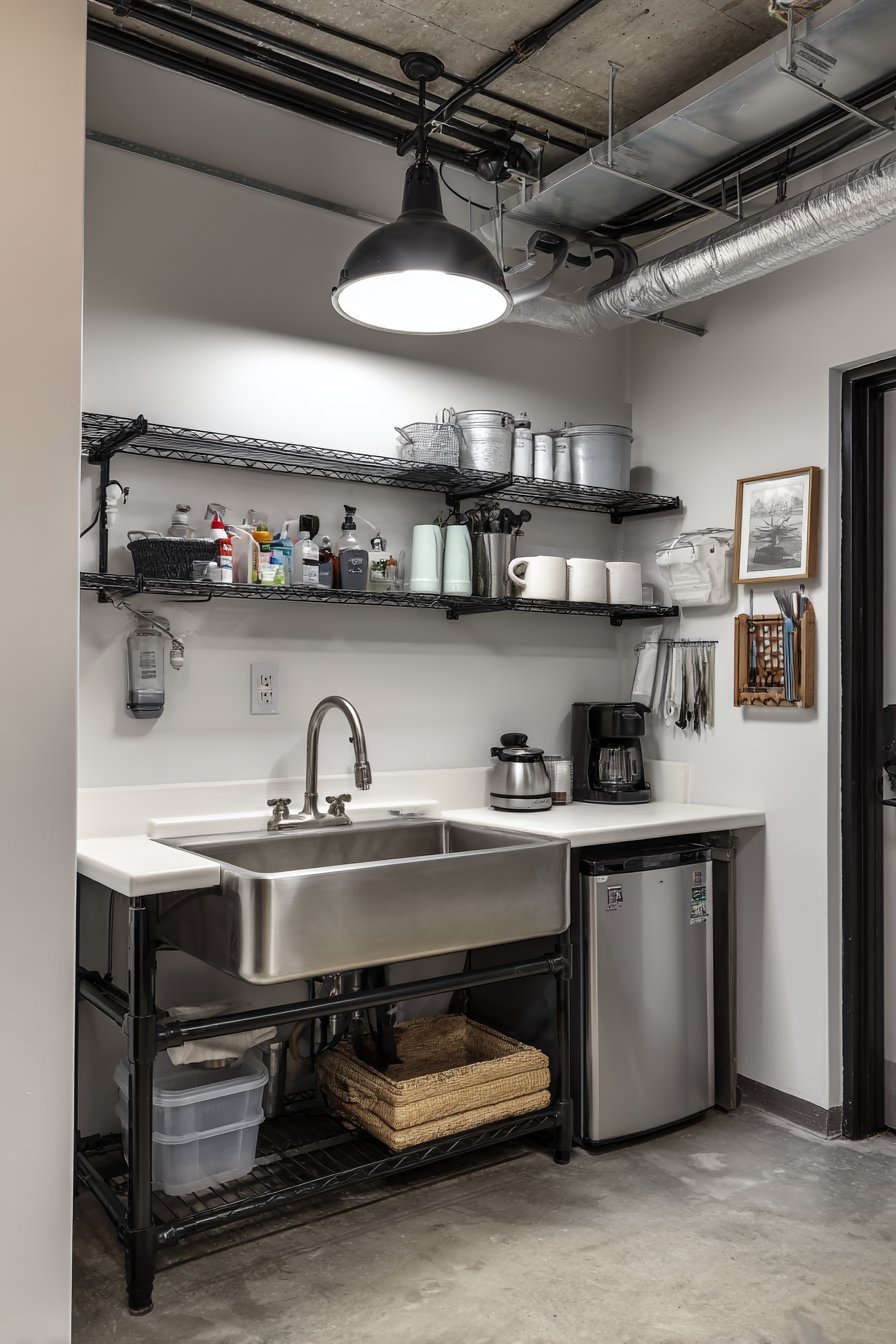 Stainless steel utility sink in garage conversion