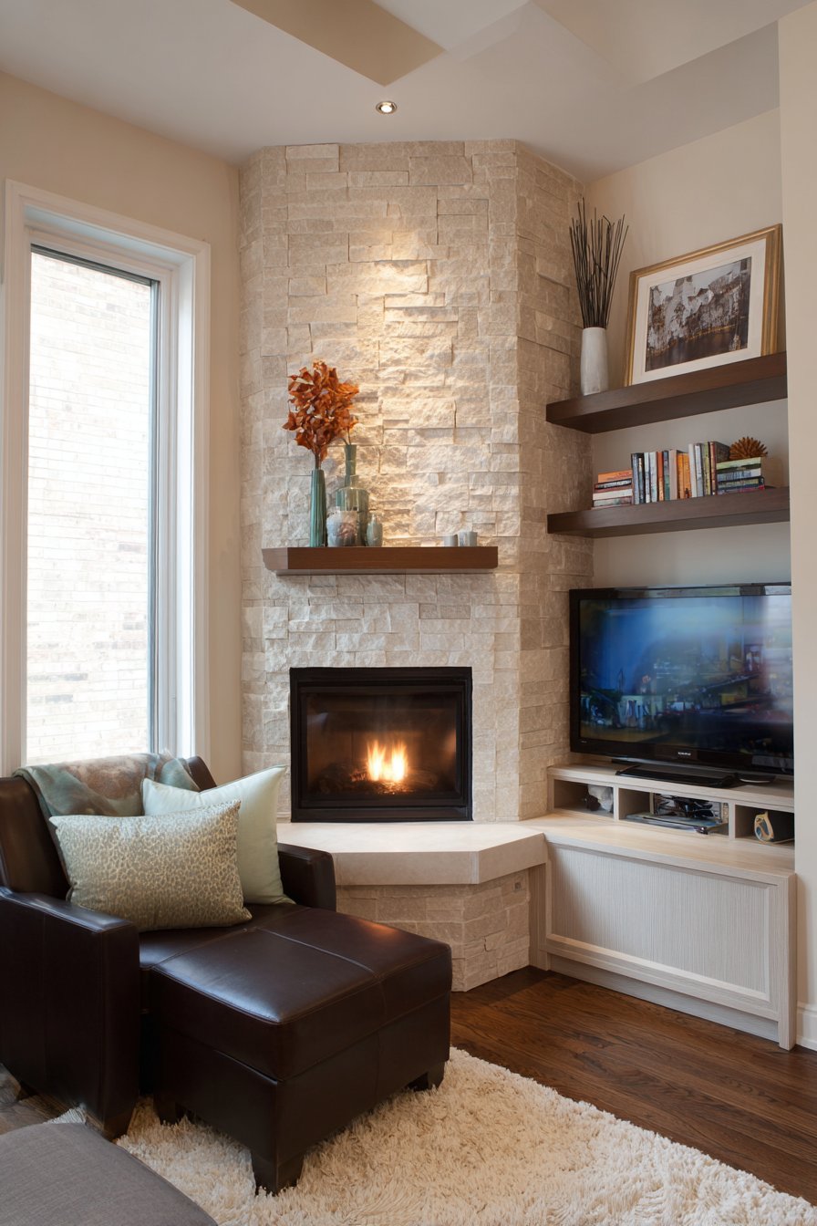 Angled corner stone fireplace with flanking cabinets