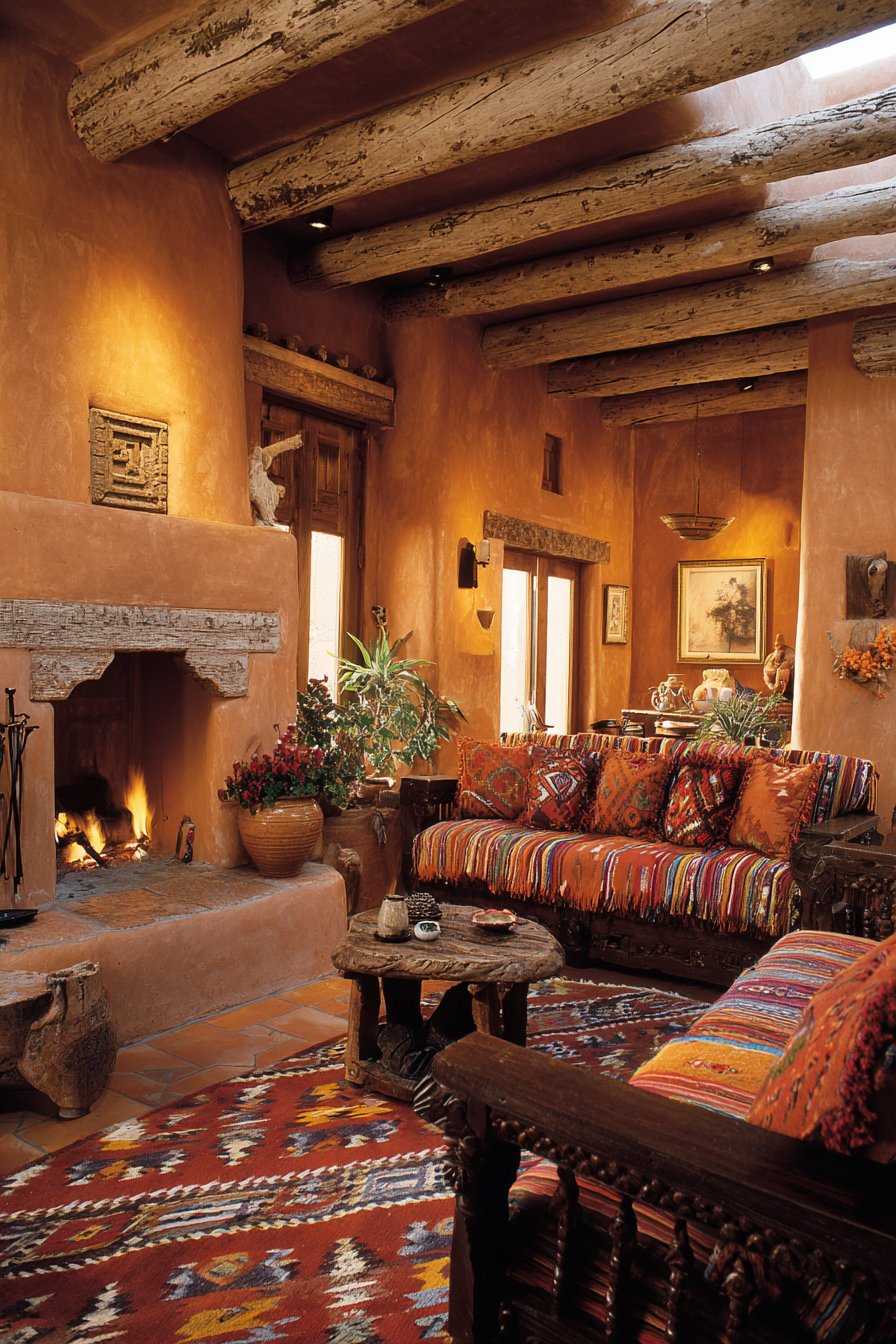 Terra cotta walls with vigas and carved Spanish furniture