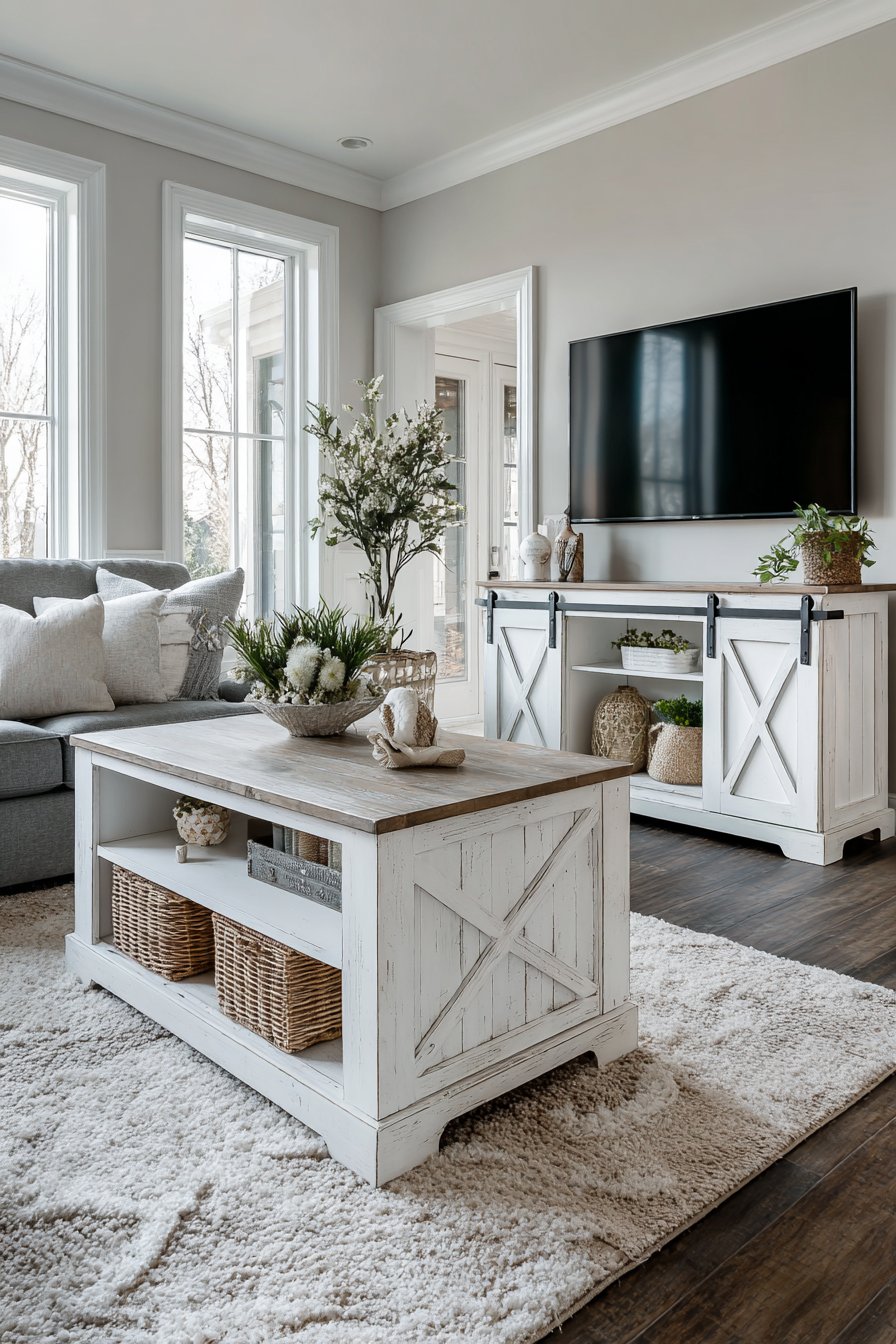 White painted stand with sliding barn door hardware