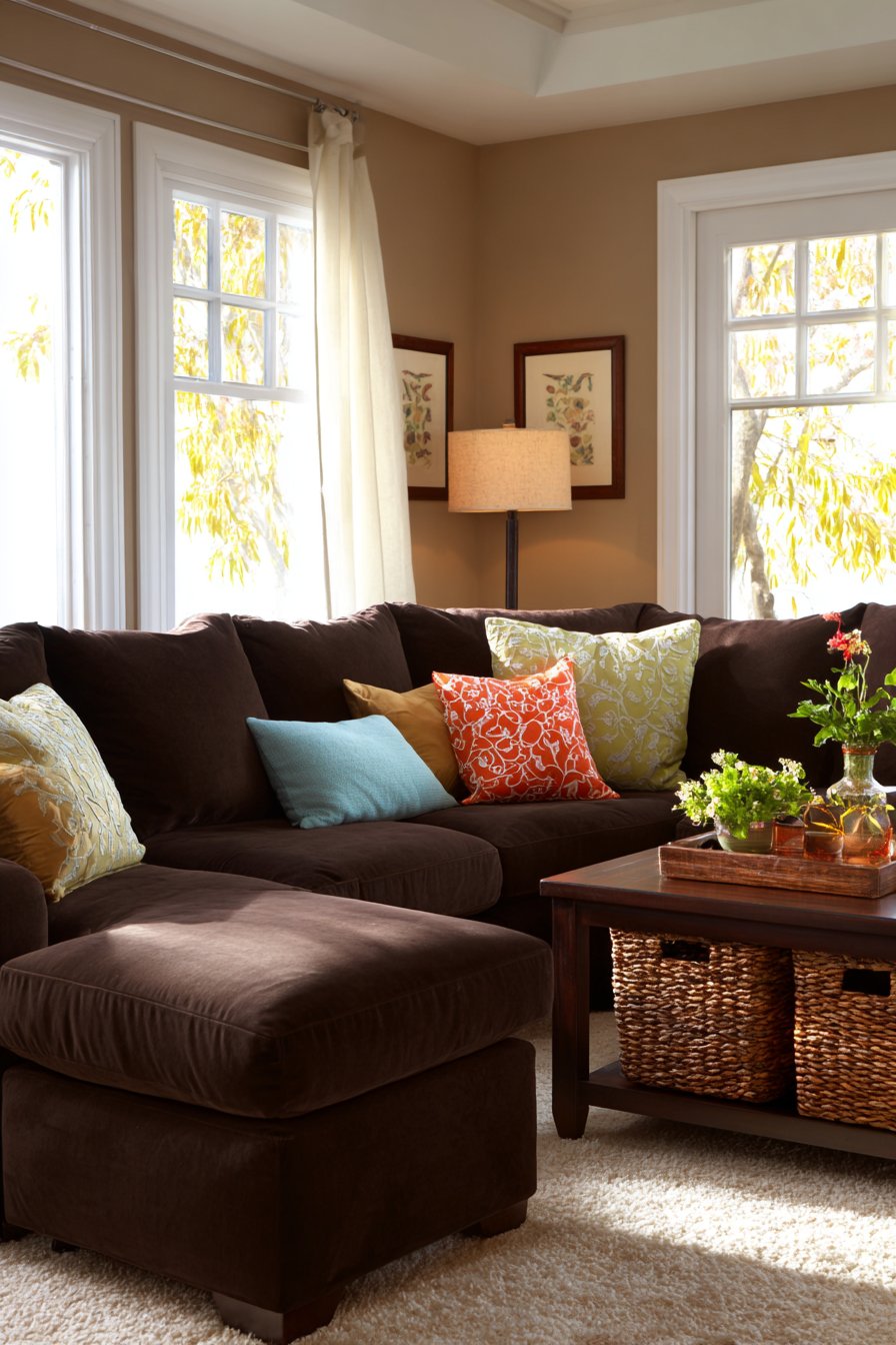 Dark brown microsuede sectional in casual family room