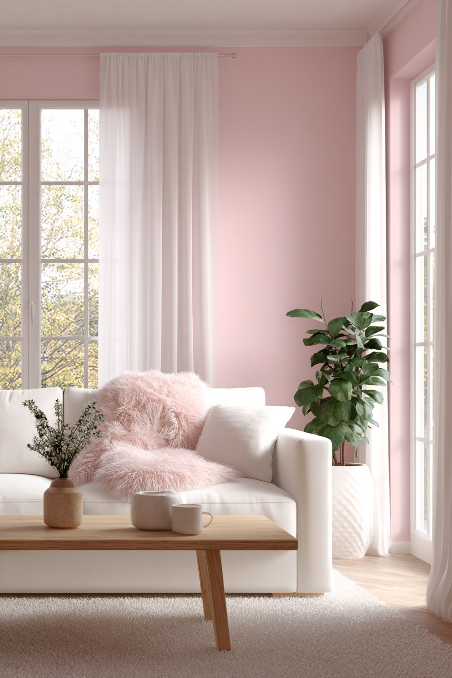 Soft powder pink walls with white Nordic furniture