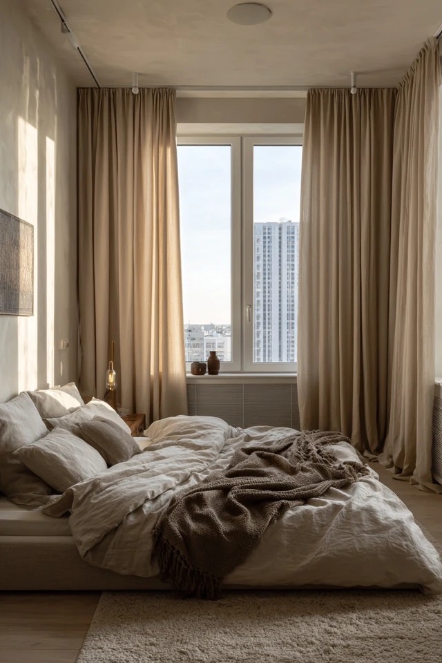 Heavy beige linen drapes with blackout lining