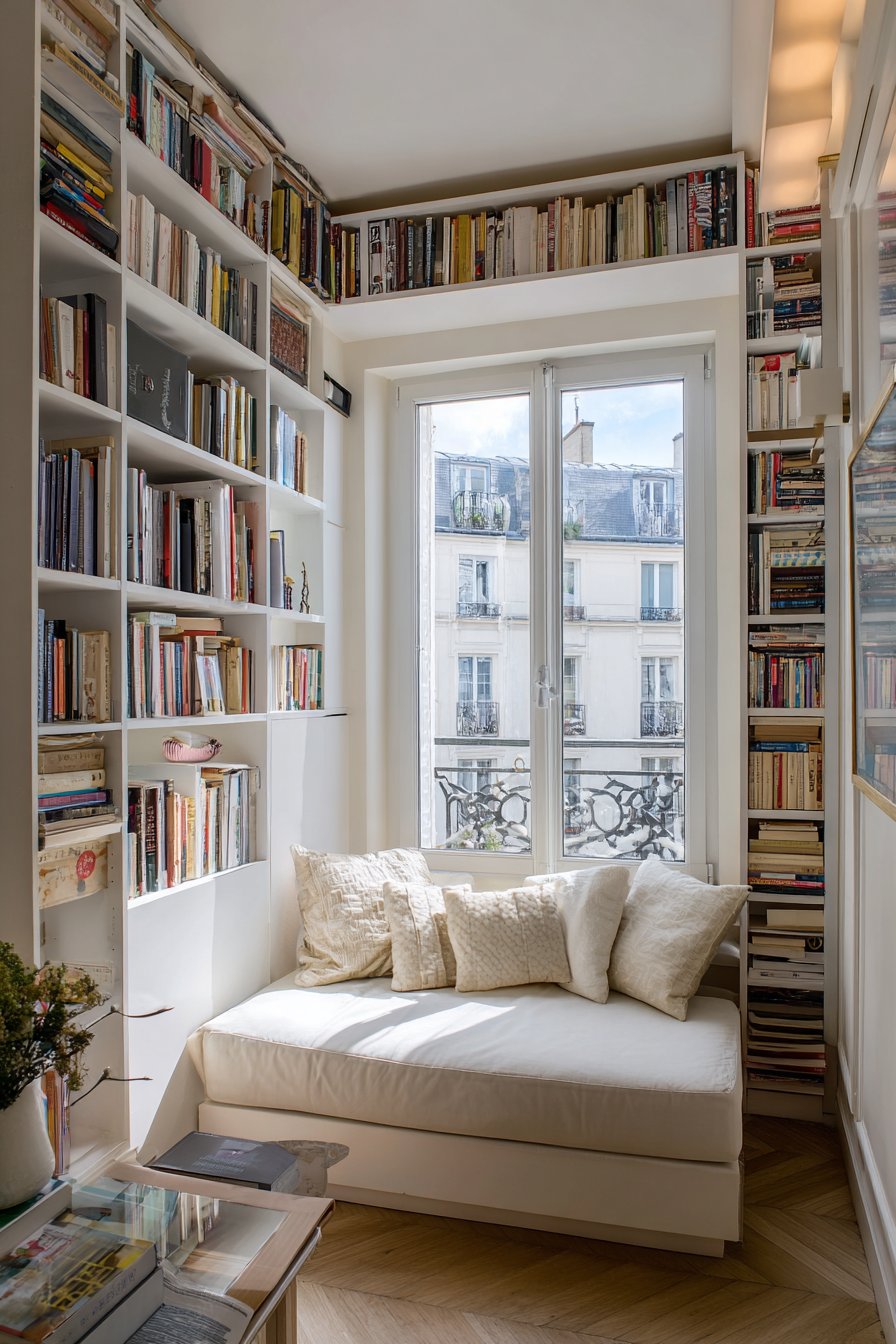 Floor-to-ceiling shelving with window seat