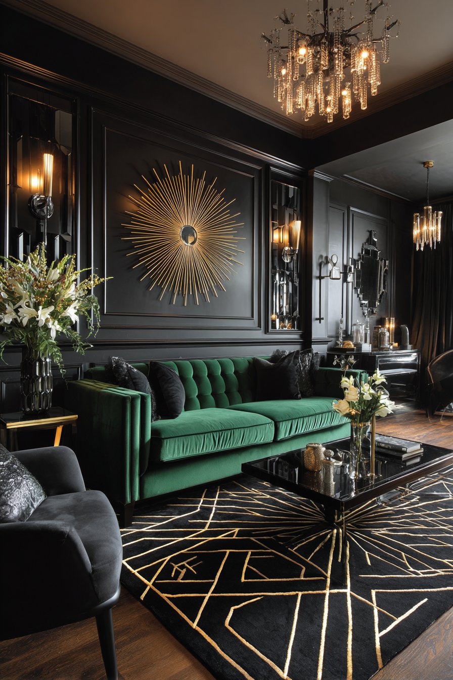Glossy black lacquered walls with emerald velvet sofa