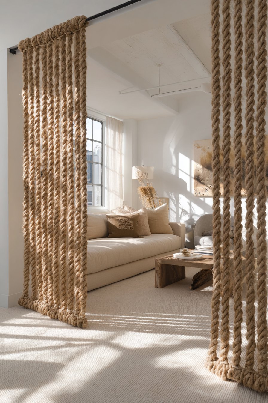 Natural jute rope divider in studio apartment