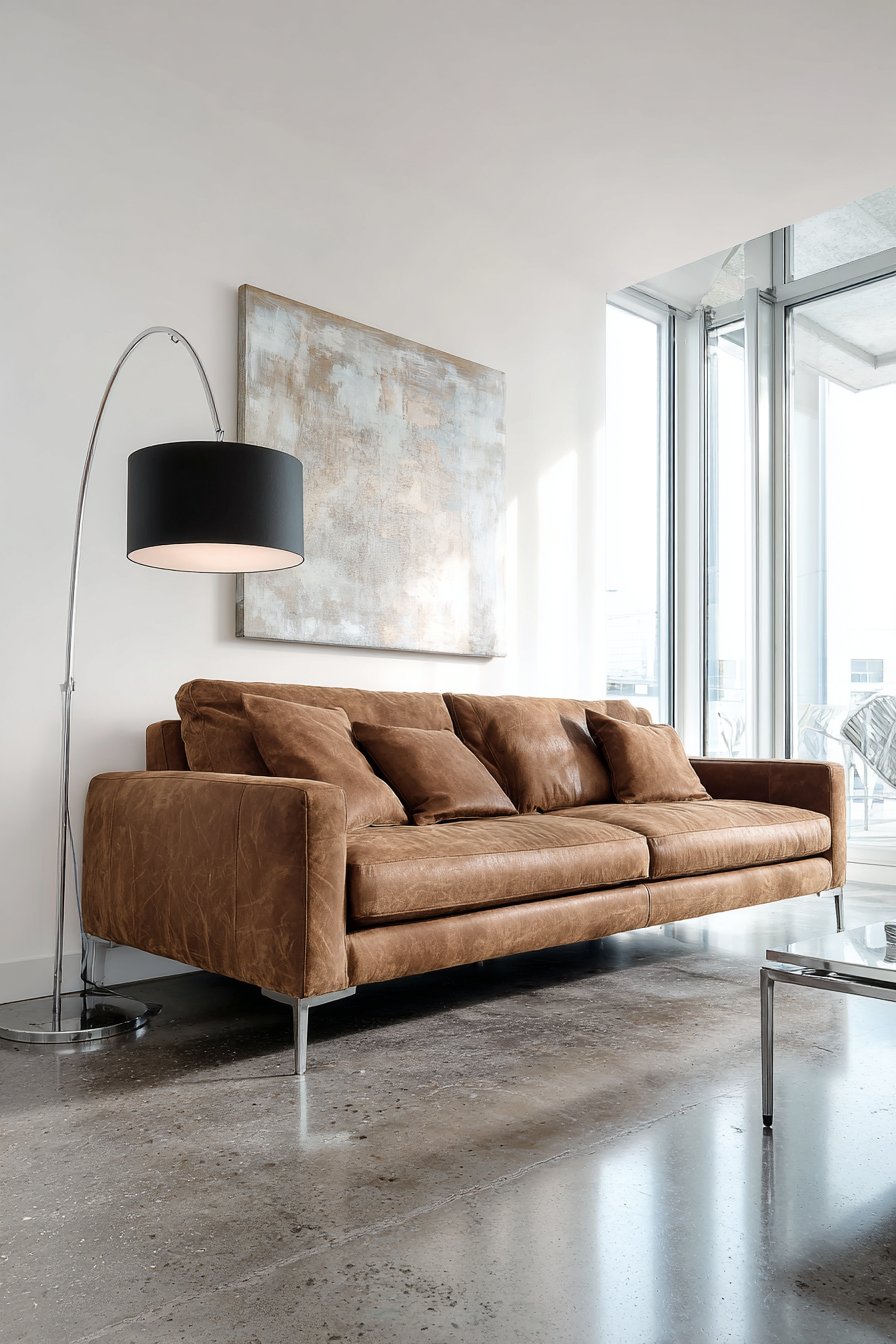 Sleek taupe brown sofa in minimalist apartment