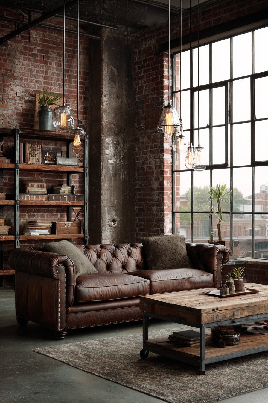 Weathered brown leather sofa with exposed brick