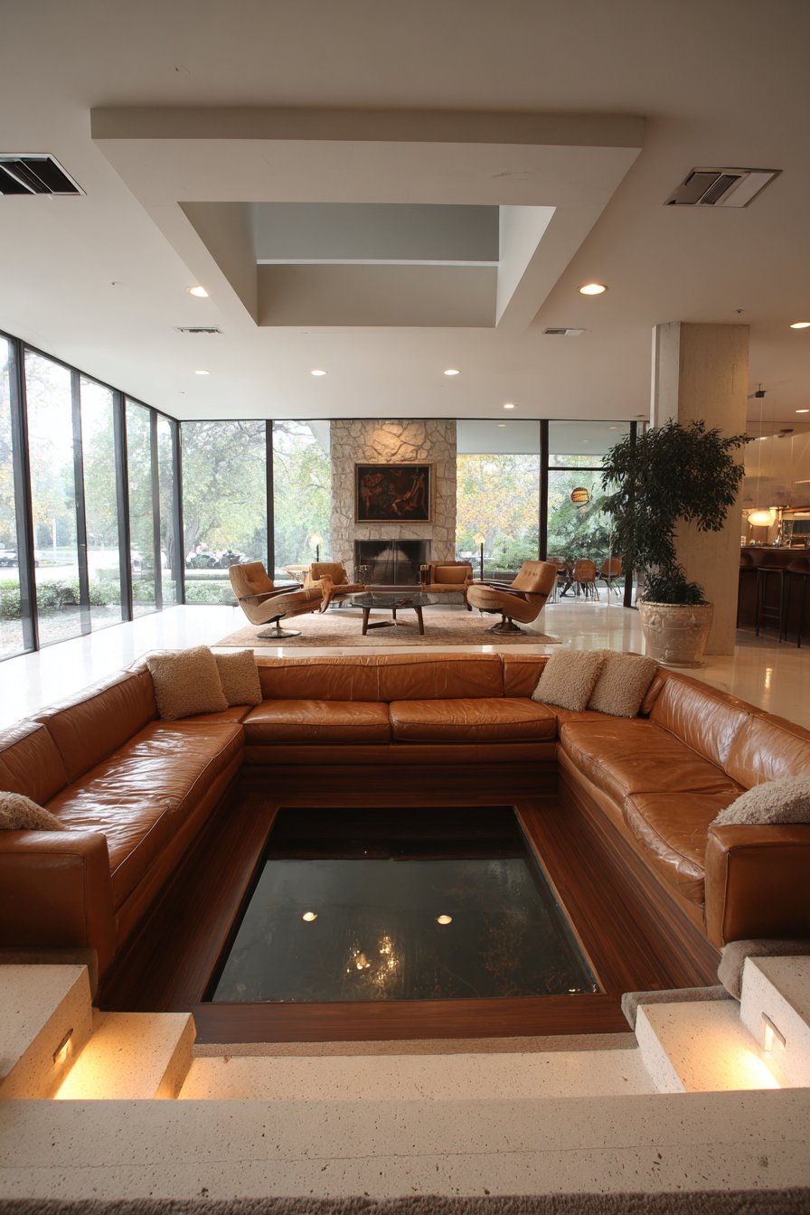 Sunken conversation pit in spacious mid-century living room