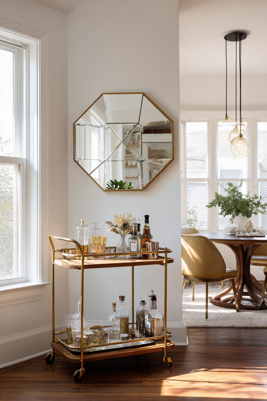 Brass bar cart in corner with geometric mirror