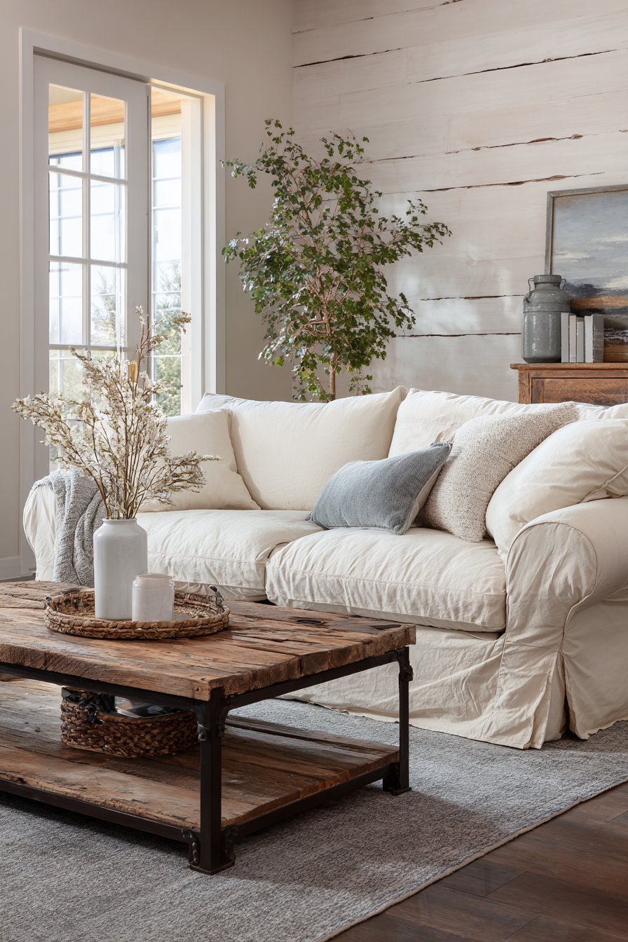 Cream canvas slipcover sofa with barn wood coffee table