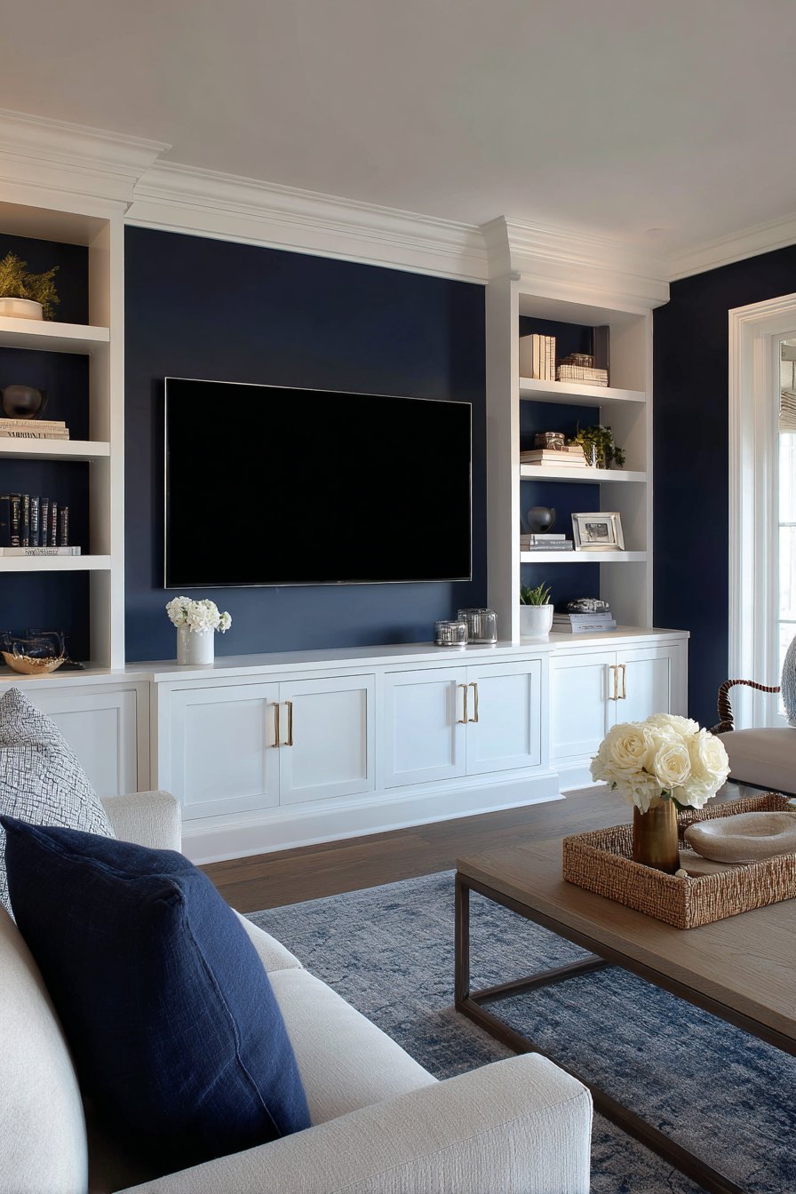 Navy lower wall, white upper with TV and trim