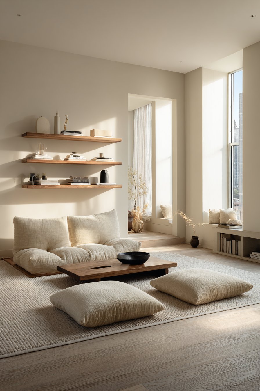 Low floor sofa with minimal furniture creating height
