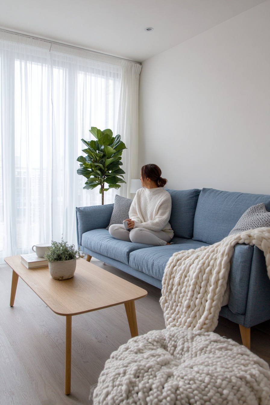 Indigo linen low-profile sofa with colorful pillows in bohemian living room