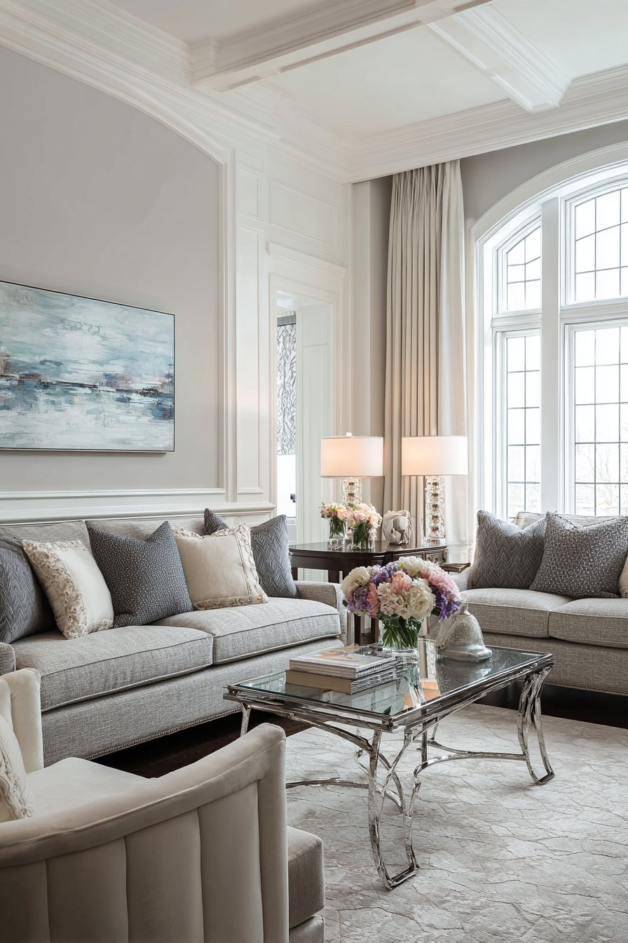 Curved emerald velvet sofa with geometric mirrors