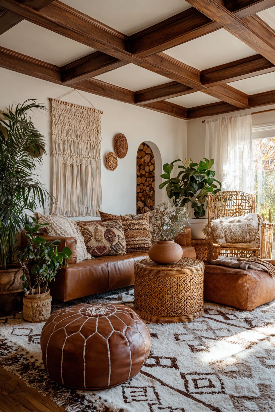 Brown leather poufs with rattan and macramé