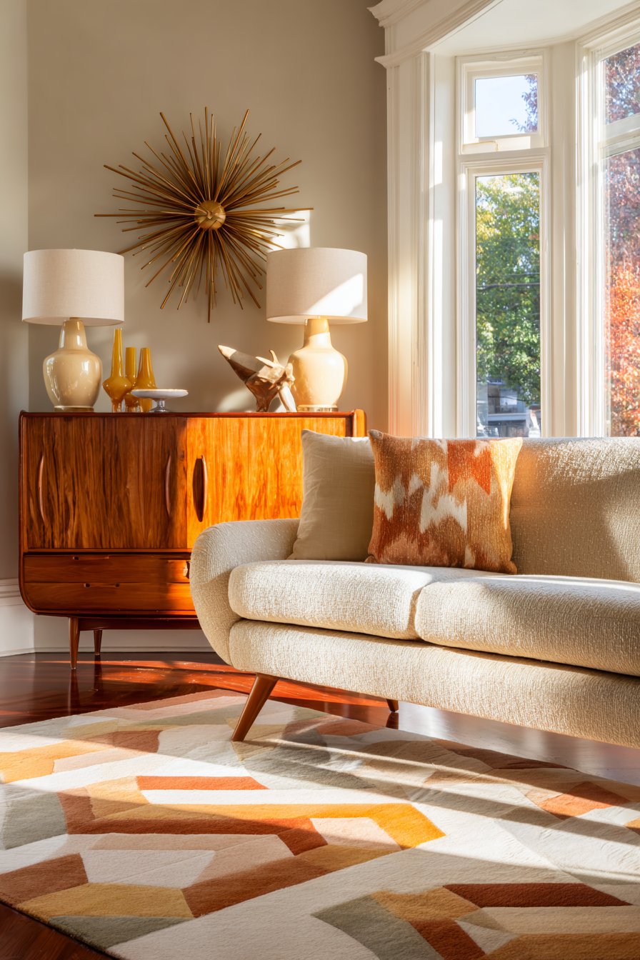 Beige tweed sofa with teak and ceramic lamps