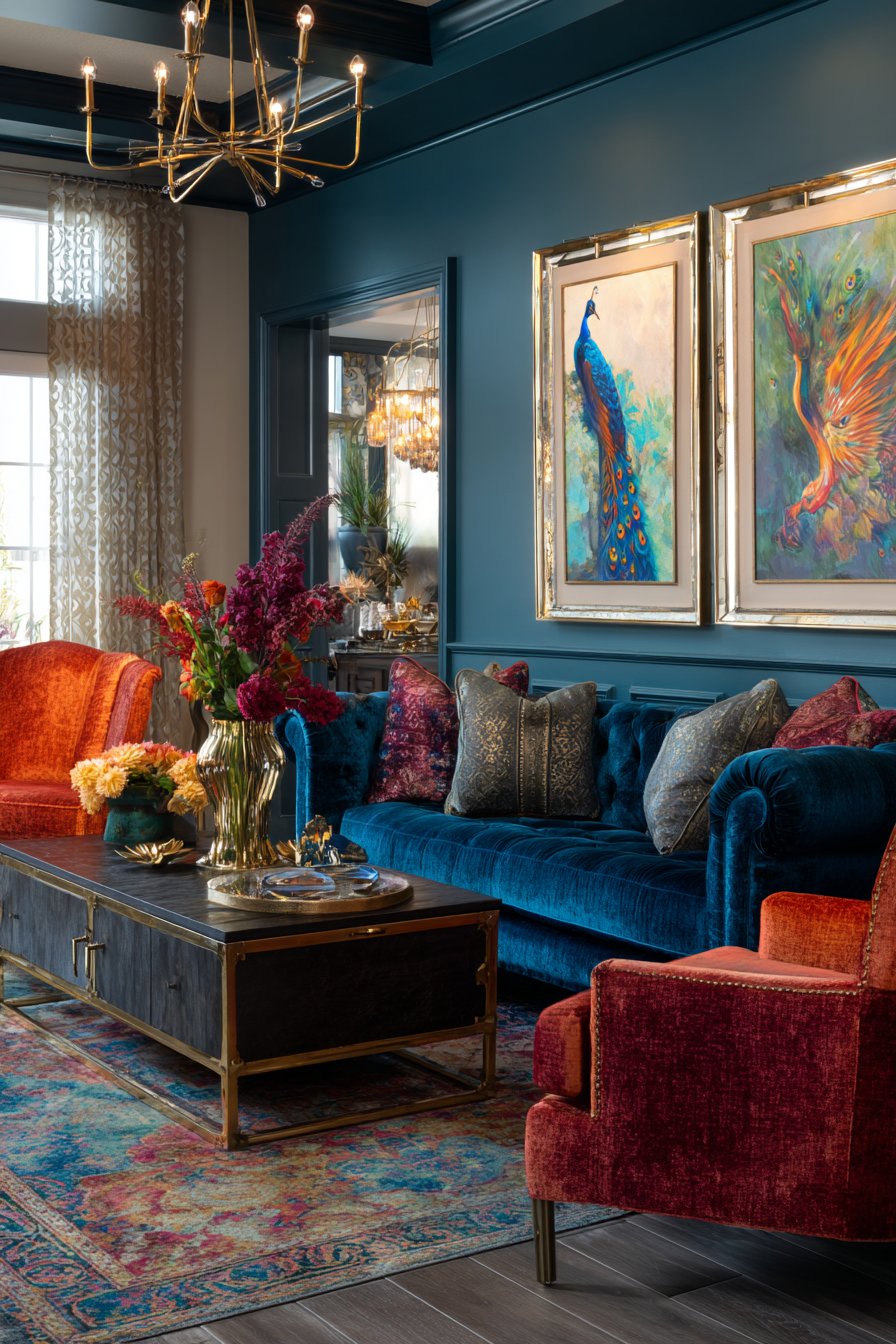 Sapphire sofa with emerald wall and ruby chair