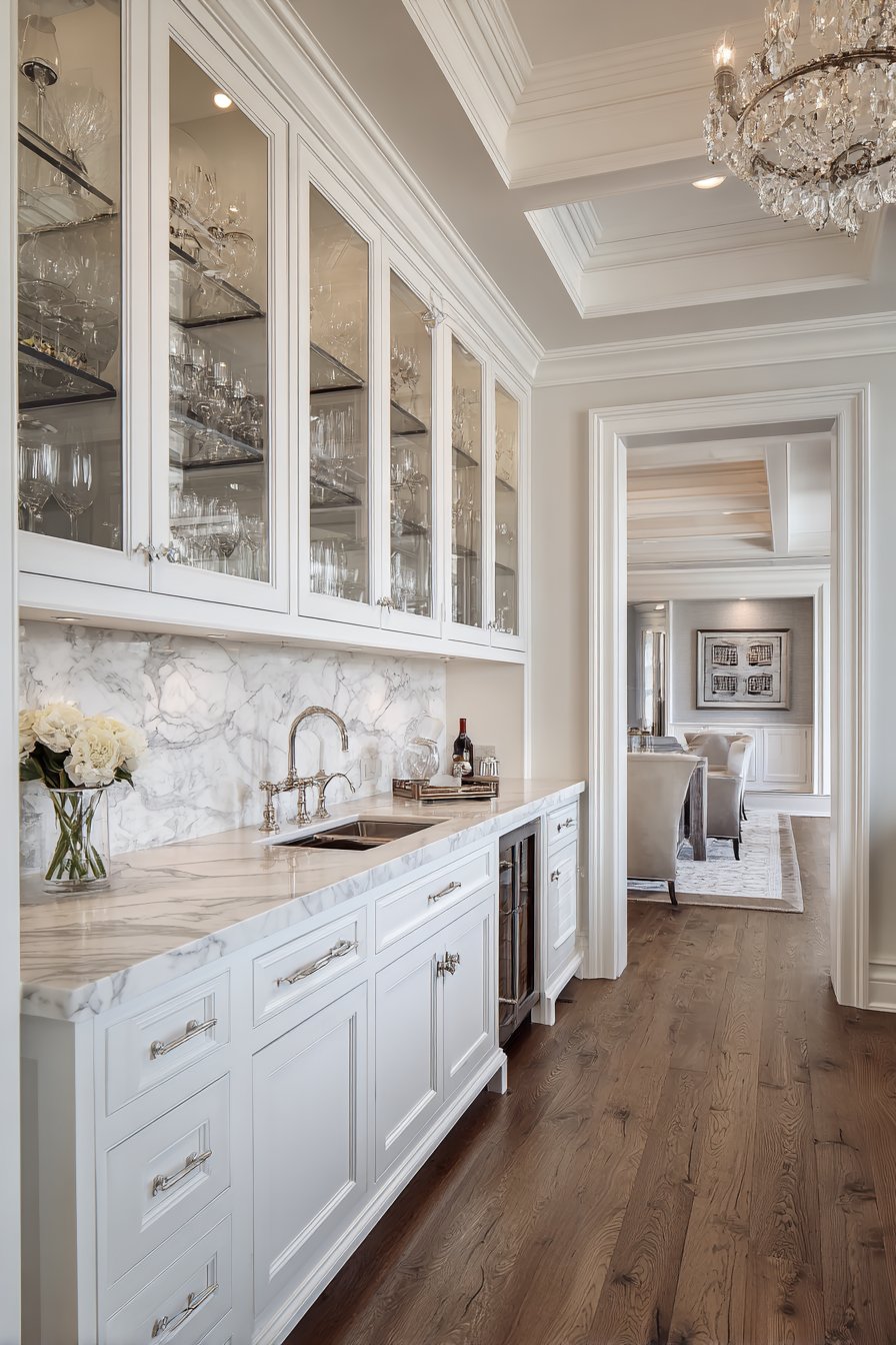 White fireclay sink with bridge faucet in cabinetry