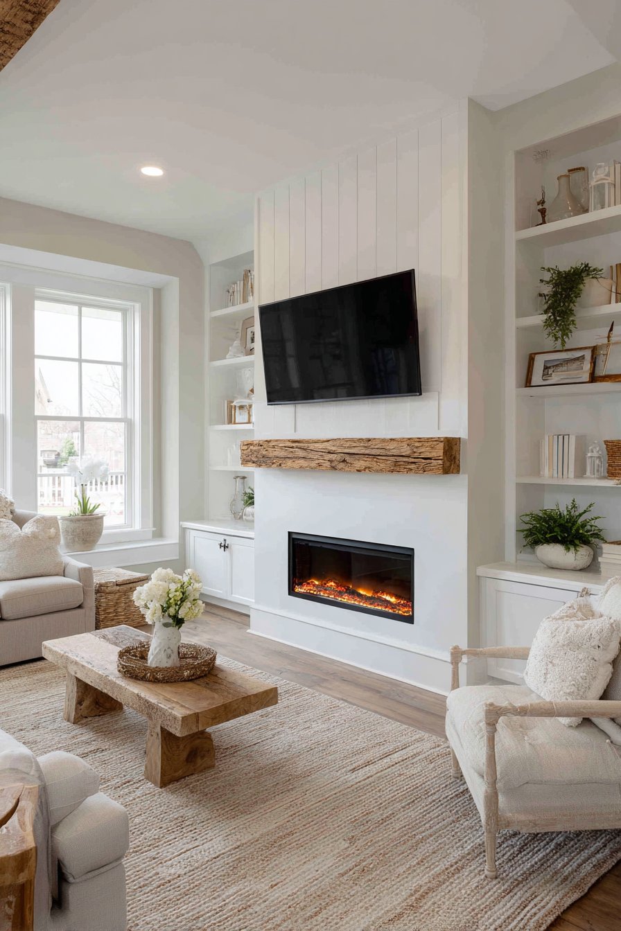 White shiplap wall with electric fireplace and beam mantel