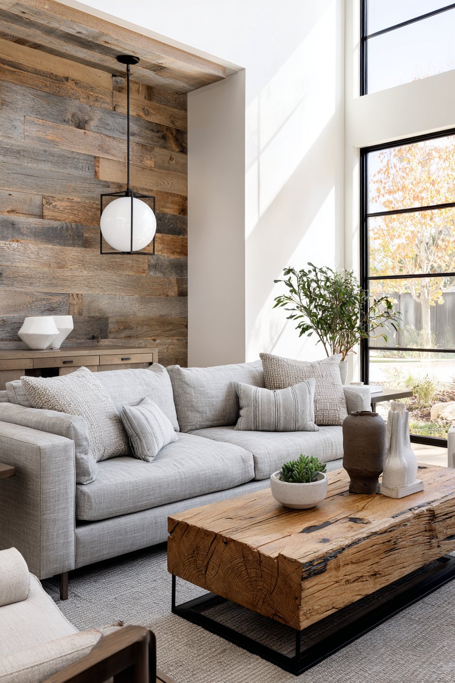 Clean-lined grey sofa with live-edge wood table