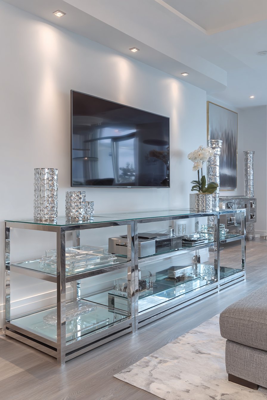 Tempered glass shelves with polished chrome frame