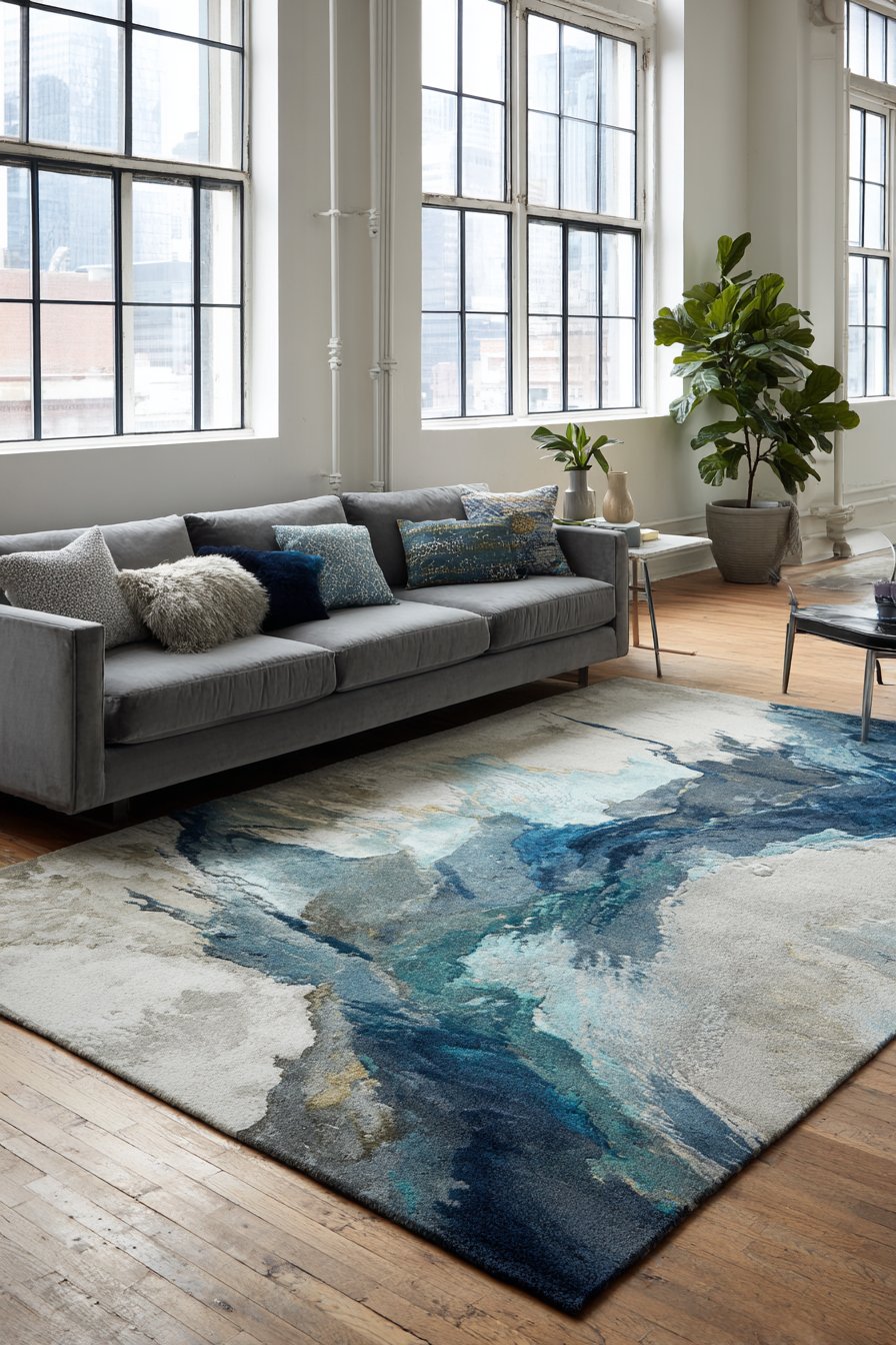 Abstract brushstroke pattern in blues, greys, and whites