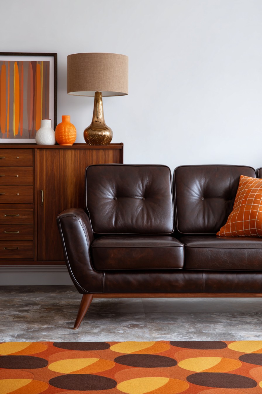 Dark walnut brown leather sofa with tapered legs